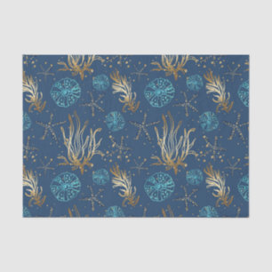 Papel De Seda Ouro Starfish e Coral Reef Patterno em Azul