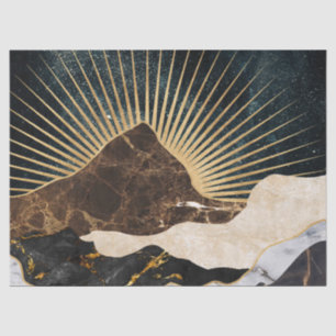 Papel De Seda Ouro Sunrise Sobre Montanhas Marble E Céu Estrelad