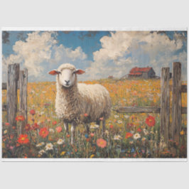 Papel De Seda Ovelhas em Campo de Flores Silvestres Decoupage Rú