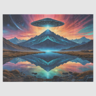 Papel De Seda OVNI paira sobre Montanhas Coloridas e Lago