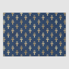 Papel De Seda Padrão Ankh Egípcio Dourado e Azul