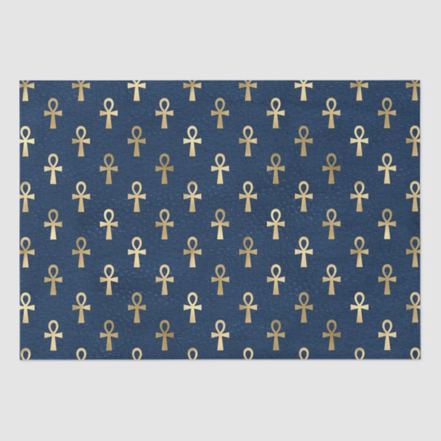 Papel De Seda Padrão Ankh Egípcio Dourado e Azul (Frente )