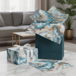 Papel De Seda Padrão Artístico em Mármore Azul Turquesa Teal Dou
