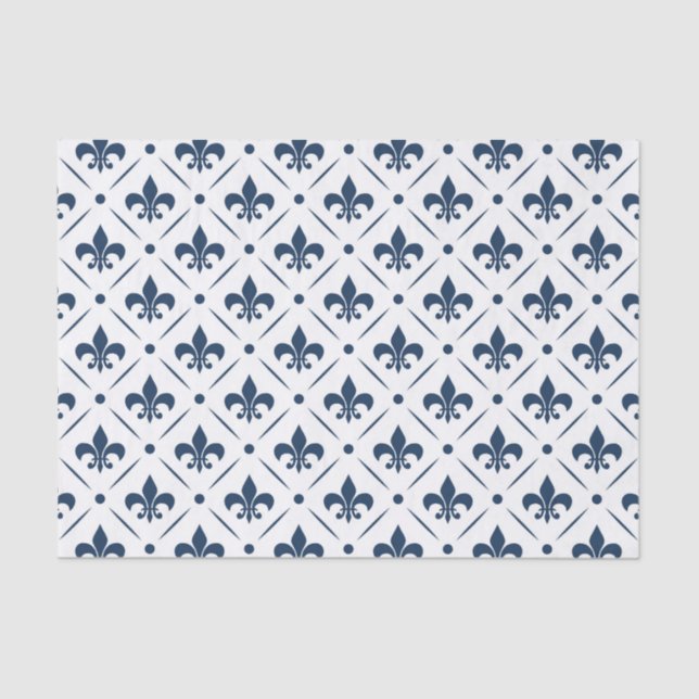 Papel De Seda Padrão azul escuro Fleur De Lis sobre fundo branco (Frente )