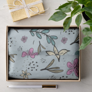 Papel De Seda Padrão Azul Ilustrado de Flores e Folhas Fofas