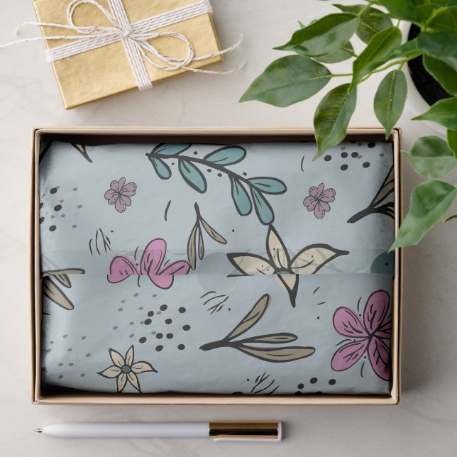 Papel De Seda Padrão Azul Ilustrado de Flores e Folhas Fofas (Presente)