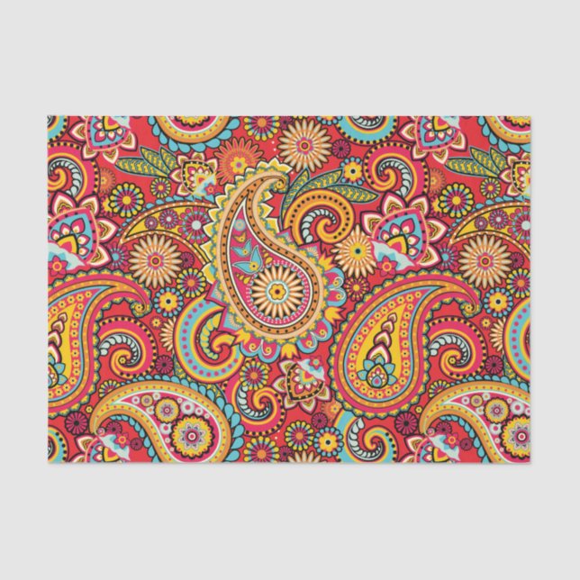 Papel De Seda Padrão boêmico vermelho brilhante Floral paisley (Frente )