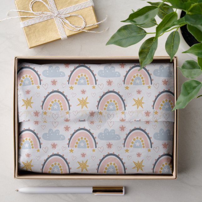Papel De Seda Padrão Boho Celestial Arco-íris e Explosões de Est (Presente)
