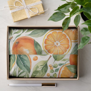 Papel De Seda Padrão Botânico de Aquarela Floral Laranja Cítrico
