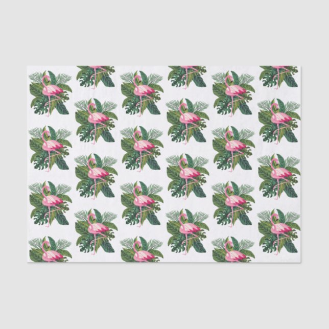 Papel De Seda Padrão Botânico de Folhas Tropicais de Flamingo (Frente )