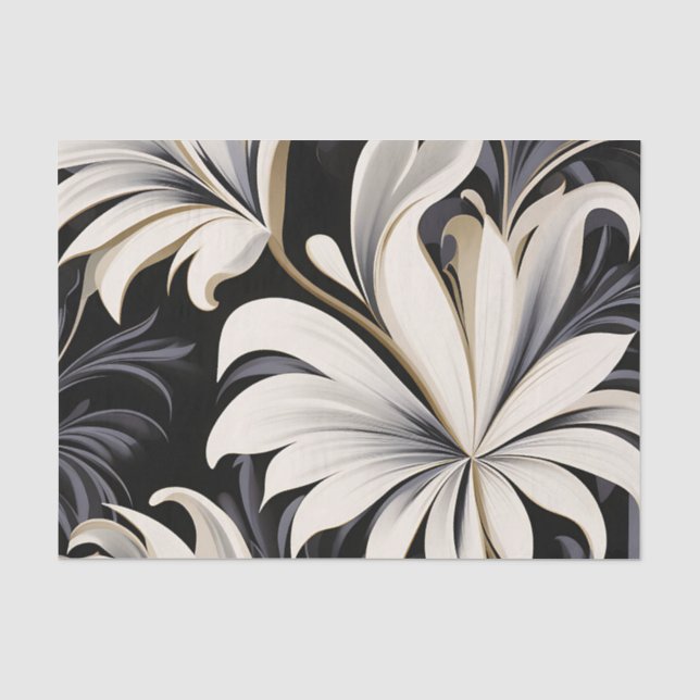 Papel De Seda Padrão Botânico Dinâmico Preto E Branco (Frente )