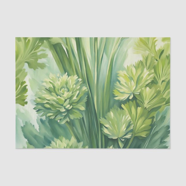 Papel De Seda Padrão Botânico Verde de Aipo Luxuriante (Frente )