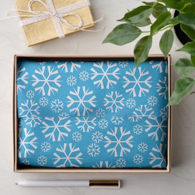 Papel De Seda Padrão branco de flocos de neve em fundo azul (Presente)