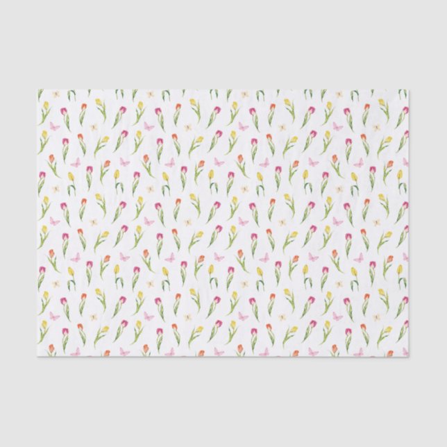 Papel De Seda Padrão Branco de Tulipas & Borboletas (Frente )