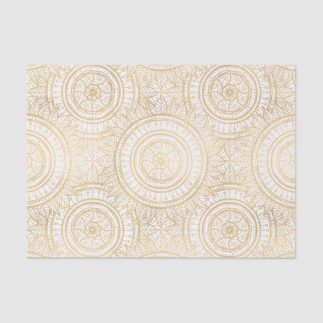 Papel De Seda Padrão Branco Elegante Dourado de Mandala Girassol (Frente )