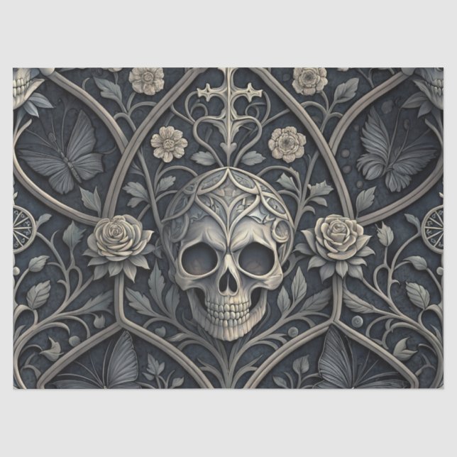 Papel De Seda Padrão Celestial Floral Caveira Gótica (2) (Frente )