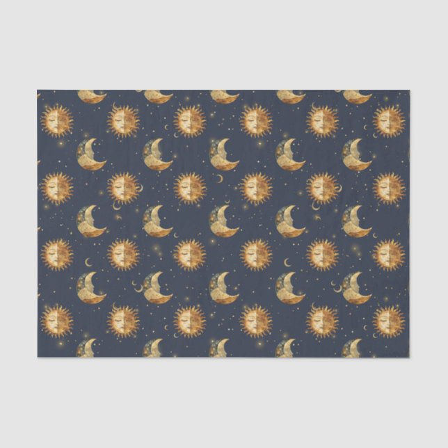 Papel De Seda Padrão Celestial Sol & Lua Estrela Dourada Noite ( (Frente )