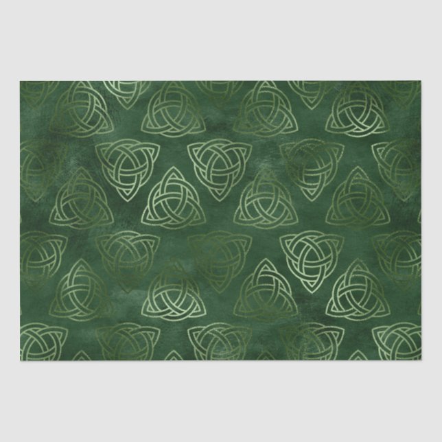Papel De Seda Padrão Celta Elegante Verde e Dourado (Frente )