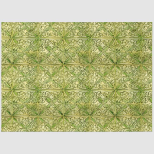 Papel De Seda Padrão Celtic Irish Green e Dourado do Ornamentado (Frente )