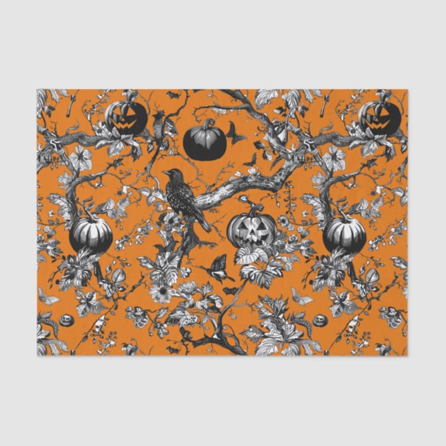 Papel De Seda Padrão Chinoiserie Halloween Crow &Jack-O-Lanterna (Frente )