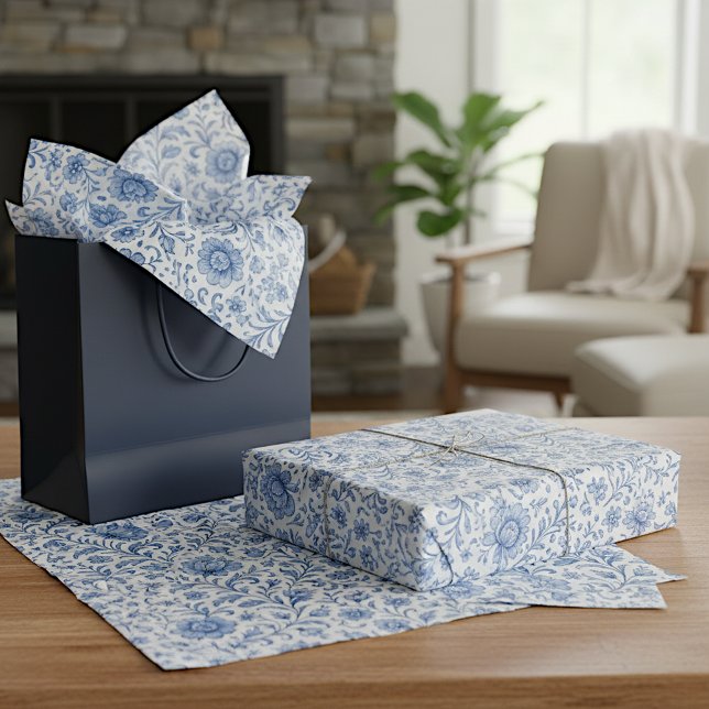 Papel De Seda Padrão Clássico de Arte Floral Azul Delfts (Criador carregado)