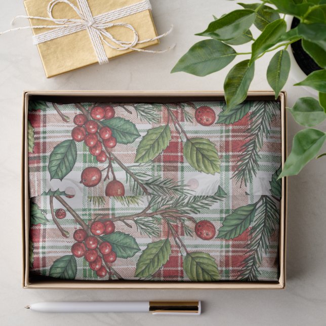 Papel De Seda Padrão Clássico de Natal Xadrez e Folhas de Azevin (Presente)