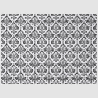 Papel De Seda Padrão Clássico de Têxtil Damask Preto e Branco