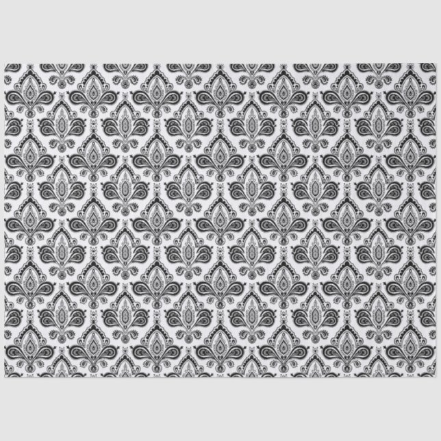 Papel De Seda Padrão Clássico de Têxtil Damask Preto e Branco (Frente )