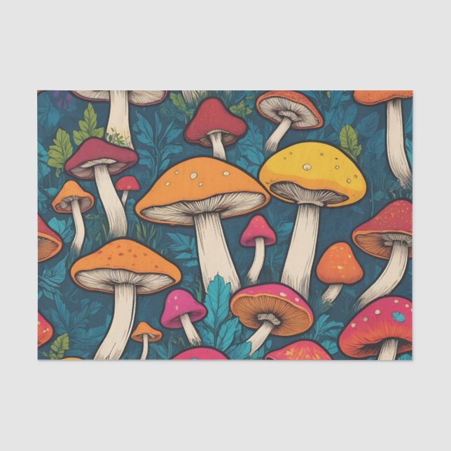Papel De Seda Padrão Colorido de Cogumelos (Frente )