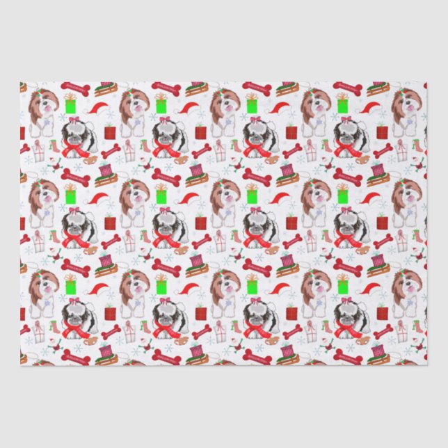 Papel De Seda Padrão contínuo de Natal Adorável do Shih Tzu   (Frente )