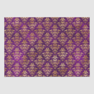Papel De Seda Padrão Damasco Roxo e Dourado Ornamental