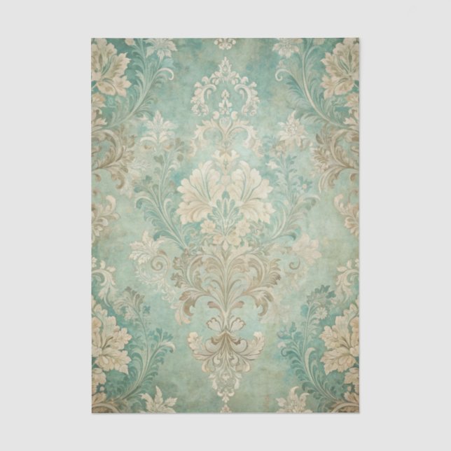 Papel De Seda Padrão Damask Sujo em Tons de Azuis Teal (Frente )