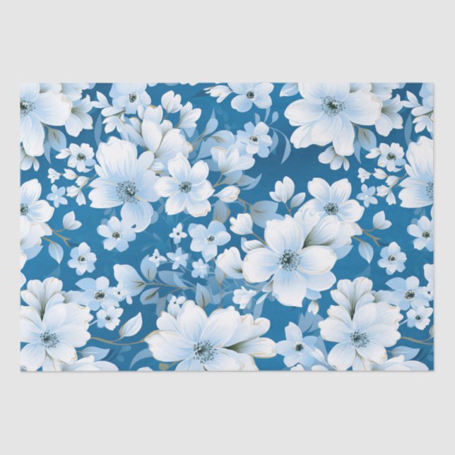 Papel De Seda padrão das flores brancas, fundo azul, (Frente )