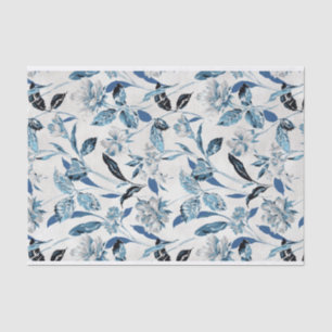Papel De Seda Padrão de Abstrato Floral Azul e Branco