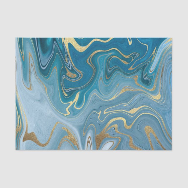 Papel De Seda Padrão de Agate Azul e Dourado 5 (Frente )