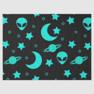 Papel De Seda Padrão de Alien Turquesa com Estrelas e Luas