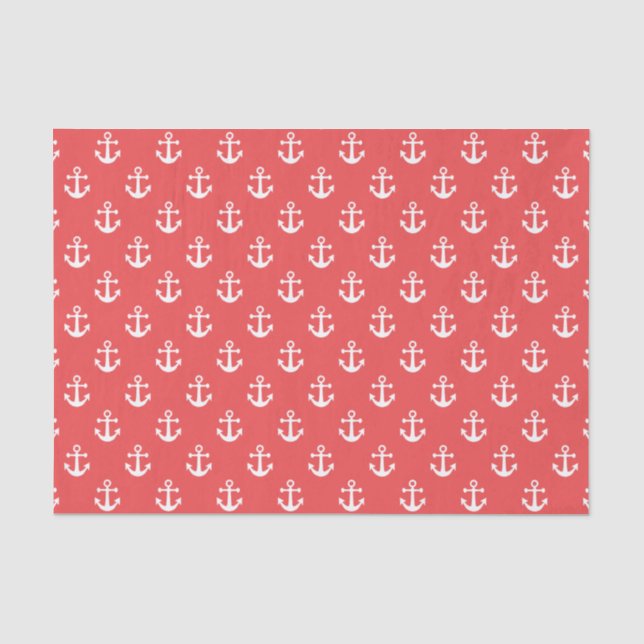 Papel De Seda Padrão de Âncora Náutica Vermelha e Branca (Frente )