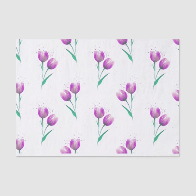 Papel De Seda Padrão de Aquarela das Tulipas Violetas Rosa (Frente )