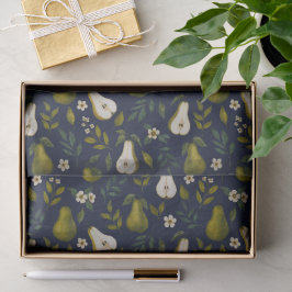 Papel De Seda Padrão de Aquarela de Pera Verde em Azul Escuro