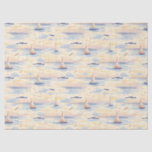 Papel De Seda Padrão de Aquarela do Oceano com Barcos à Vela Son