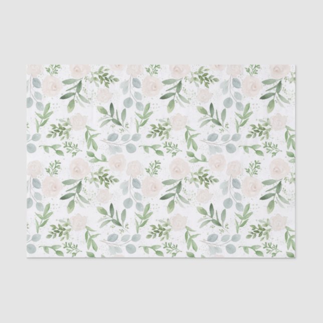 Papel De Seda Padrão de Aquarela Verde e Flores Brancas (Frente )