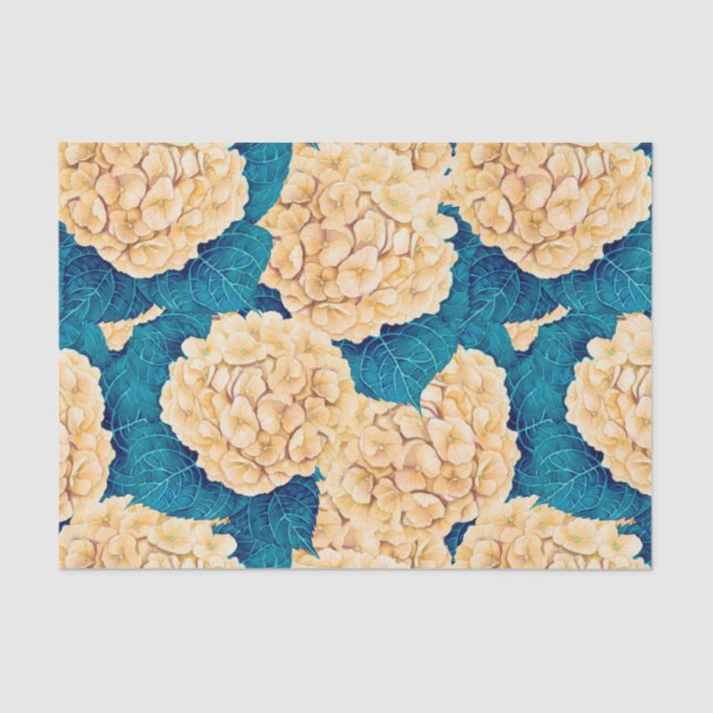 Papel De Seda Padrão de aquarelas Hydrangea, amarelo e azul (Frente )