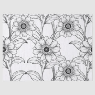 Papel De Seda Padrão de Arte de Linha Floral Preto e Branco Eleg