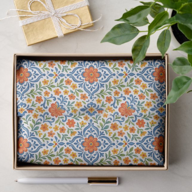 Papel De Seda Padrão de Arte Floral Clássica Mediterrânica (Presente)