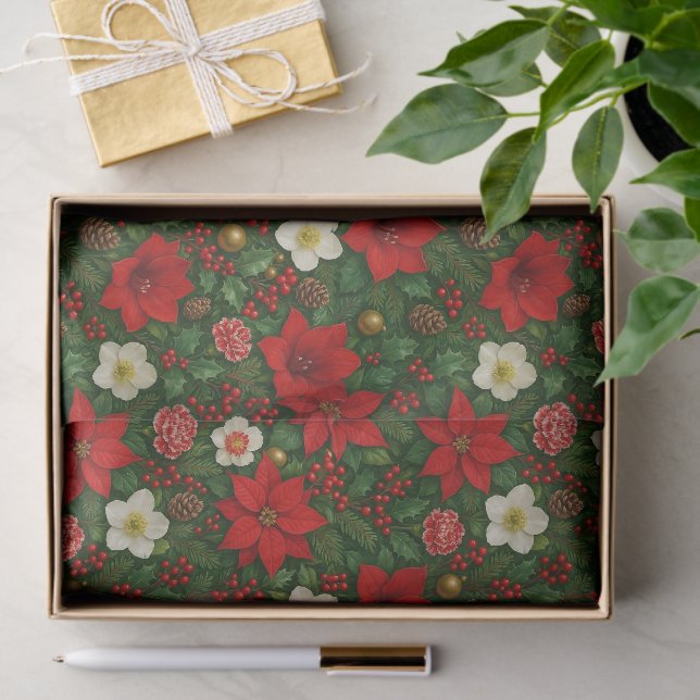 Papel De Seda Padrão De Arte Floral Da Poinsettia Botânica Elega (Presente)