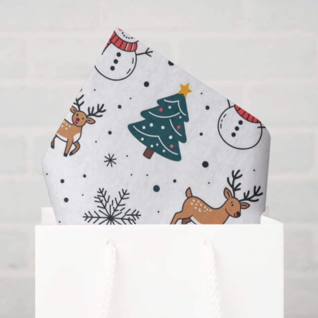 Papel De Seda Padrão de Árvore de Natal de Snowman Reindeer (Sacola de presentes)