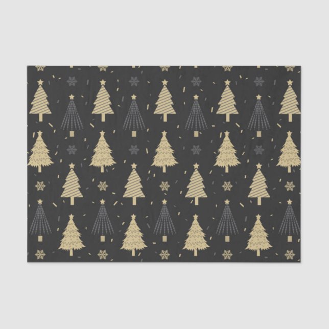Papel De Seda Padrão de Árvore de Natal Elegante Preto e Dourado (Frente )