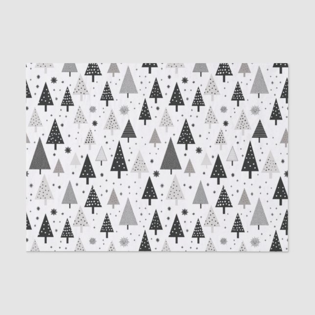 Papel De Seda Padrão de Árvore de Natal preto, branco e Cinza (Frente )