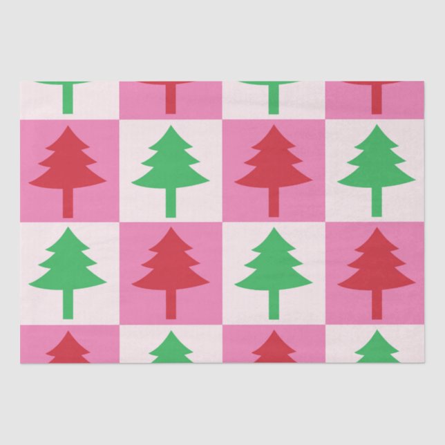 Papel De Seda Padrão de Árvores de Natal Verdes e Vermelhas Xadr (Frente )