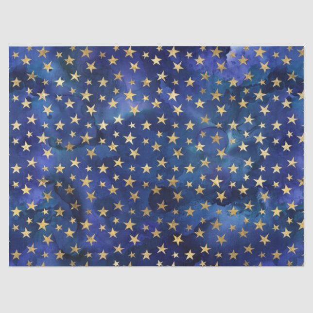 Papel De Seda Padrão de azul aquarela com estrelas douradas (Frente )